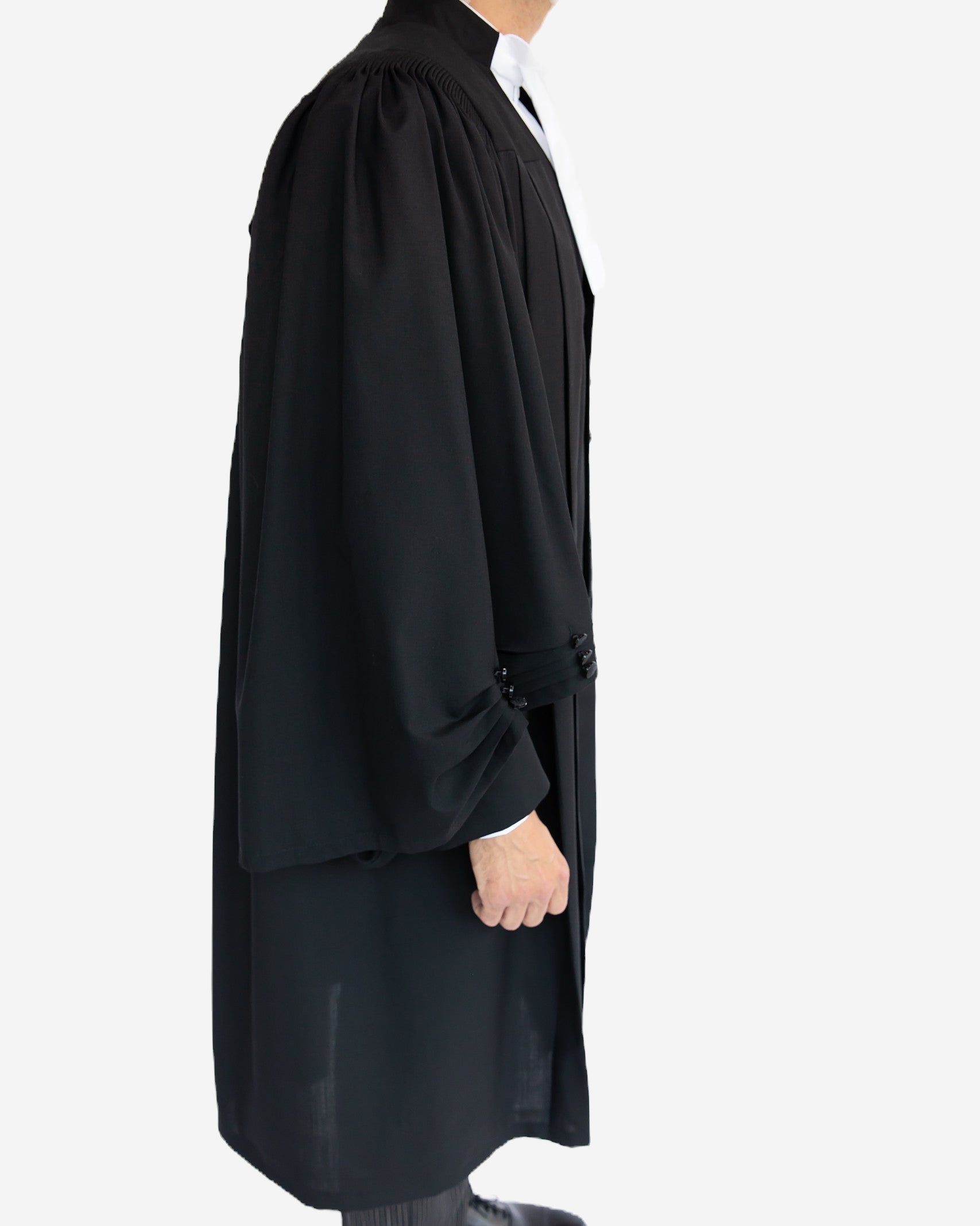 Men's pure wool barrister robe side profile - Canadian legal attire