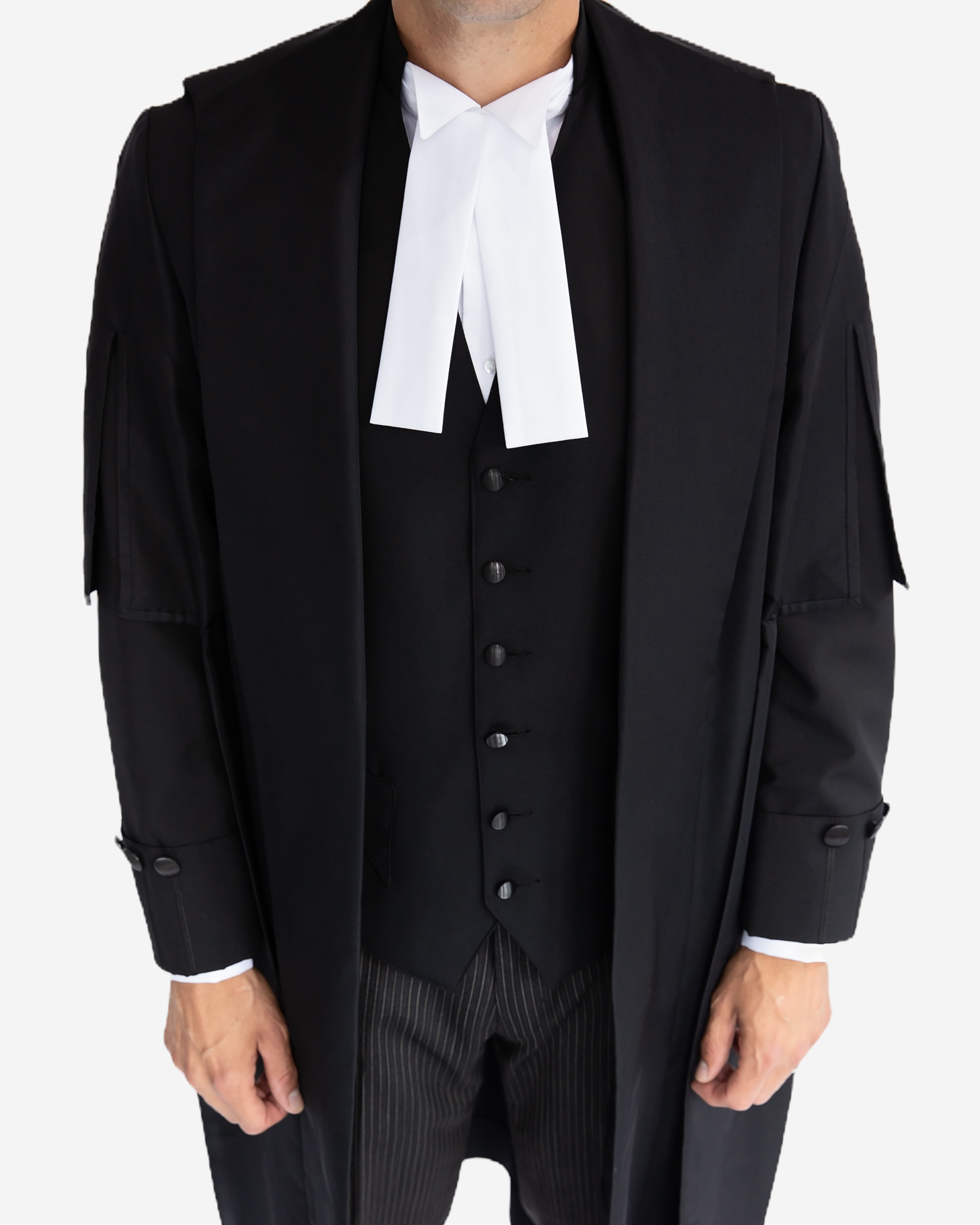 Men's KC silk robe front view - black with white tabs