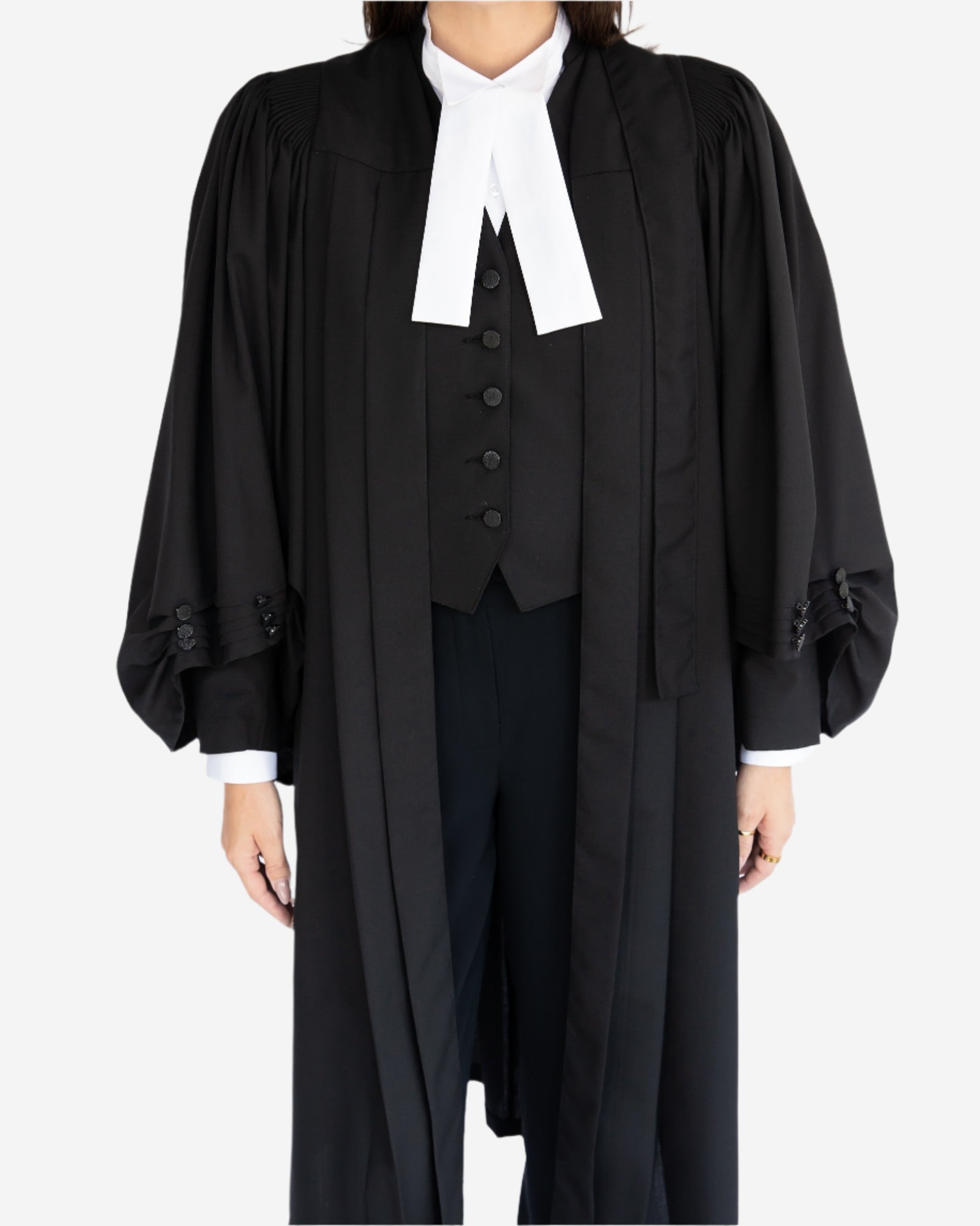 Women's pure wool barrister robe side profile - Canadian legal attire