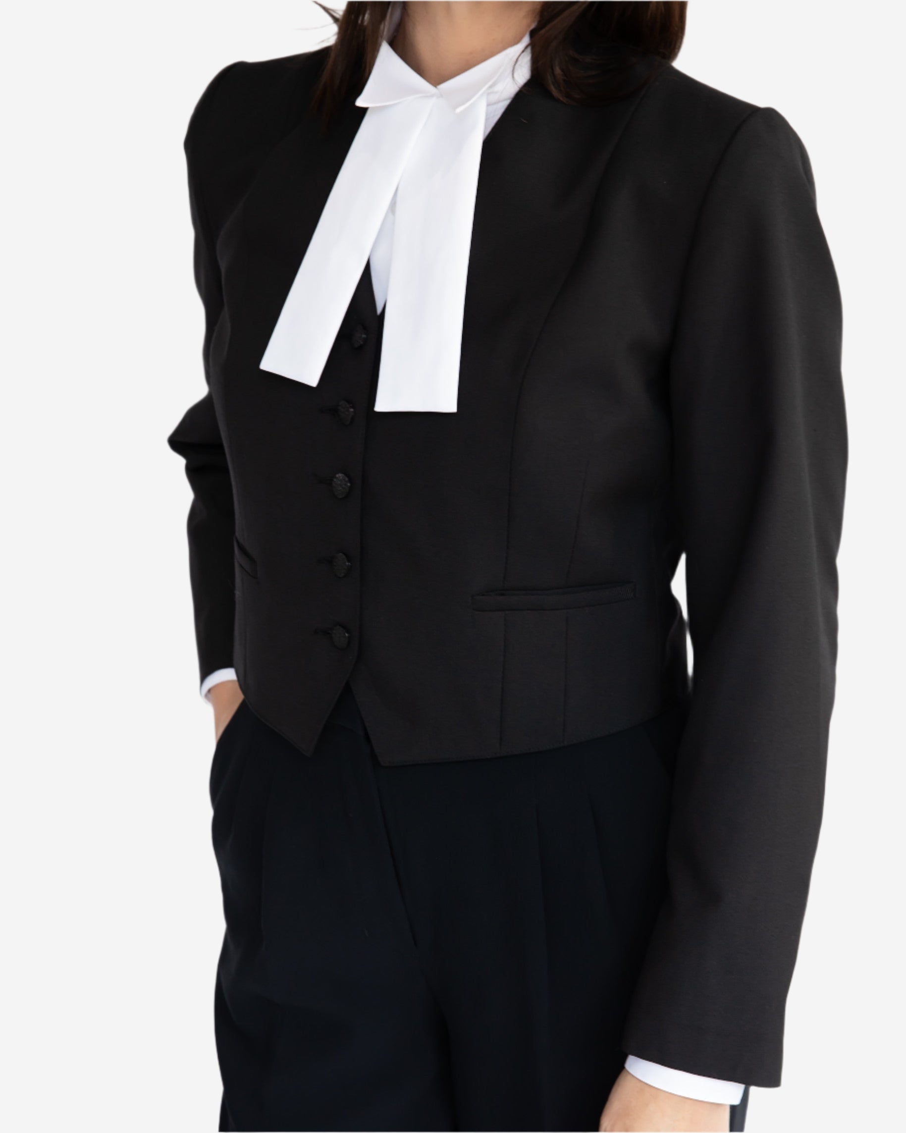 English-style barrister's wool robe for women - black with white satin lining